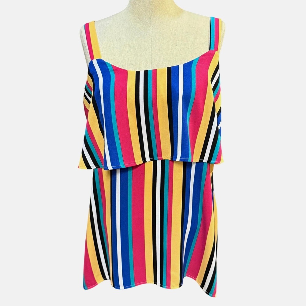August Silk L Multicolor Striped Ruffle Overlay Sleeveless Tank Top Mod Vibrant